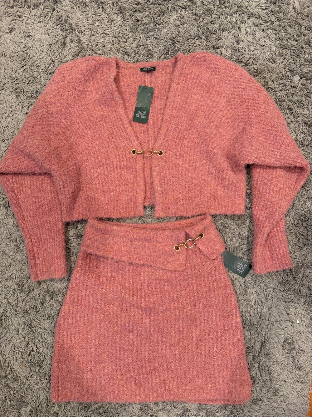 Wild Fable Rose Pink Knit Crop Sweater & Skirt Set with Gold Hardware